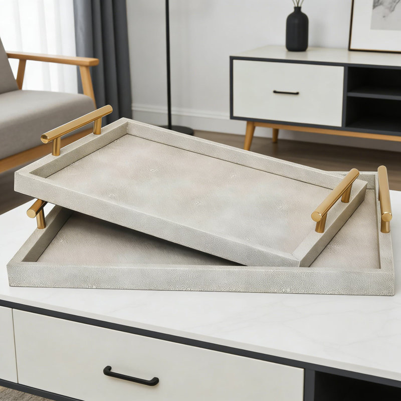 Decorative Serving Tray Set Of 2 With Shagreen Leather Surface And Gold Metal Handles, Versatile For Coffee Table, Ottoman, And Bathroom Organization