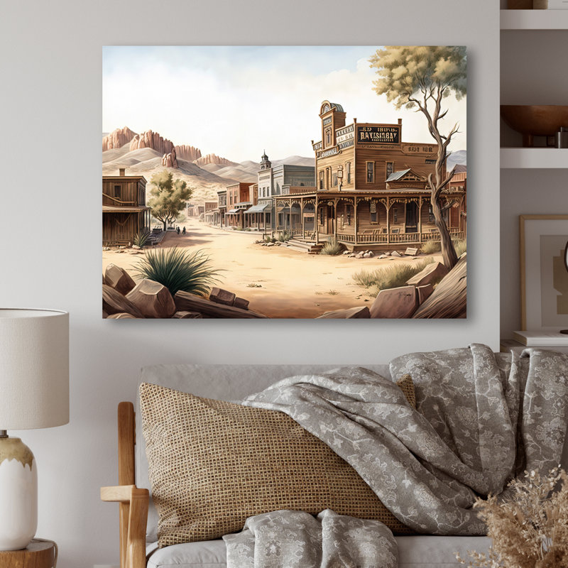 Wild West Town III - art mural occidental, H 24 po x l 32 po x P 1 po, Toile tendue