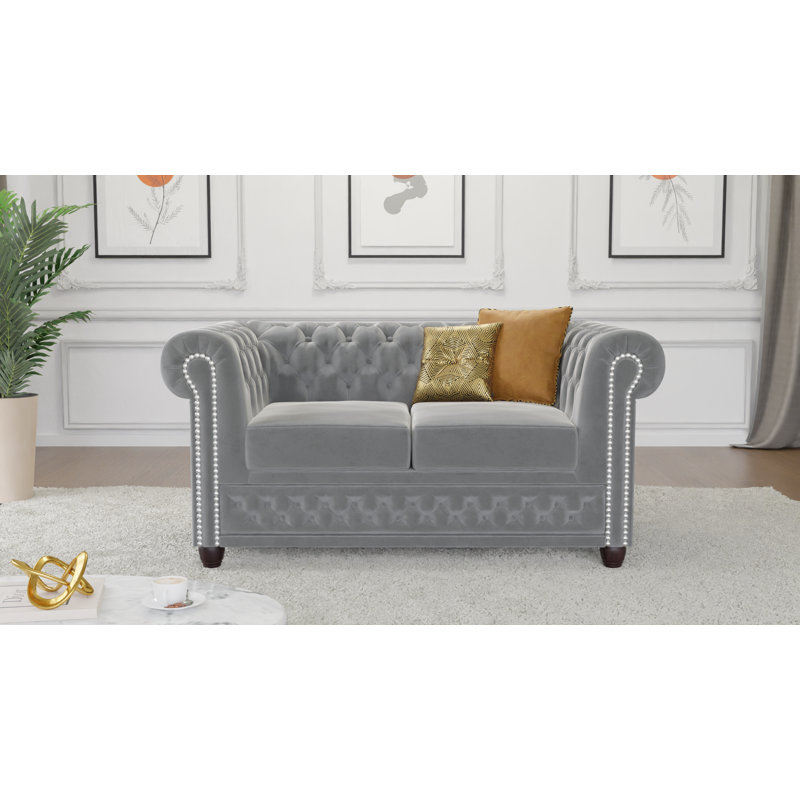 Chesterfield Hanna Sofa Set 3+2+1 Made of Velvet Fabric with Solid Wood Legs, Grey