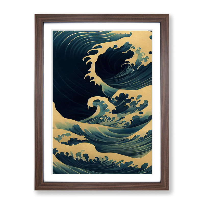 Traditional Japanese Wave No.5 - Wall Art, 66cm H x 48cm W, Walnut Framed, White