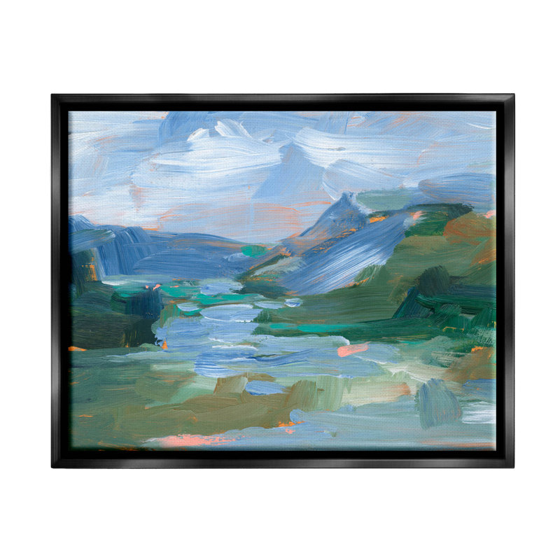 «River Through Mountains Abstract Scene», art mural encadré sur toile flottante par Ethan Harper, Cadre flottant noir de jais
