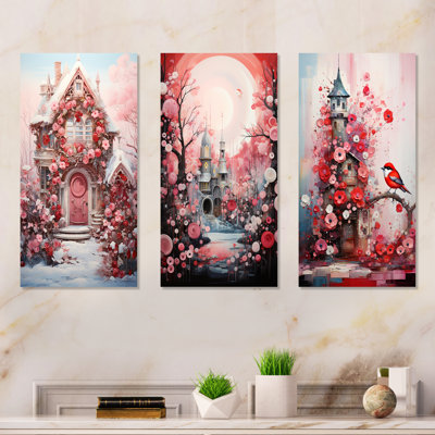 «Pink Christmas Wreath Farm Door I», ensemble d'art mural sur toile à motif floral