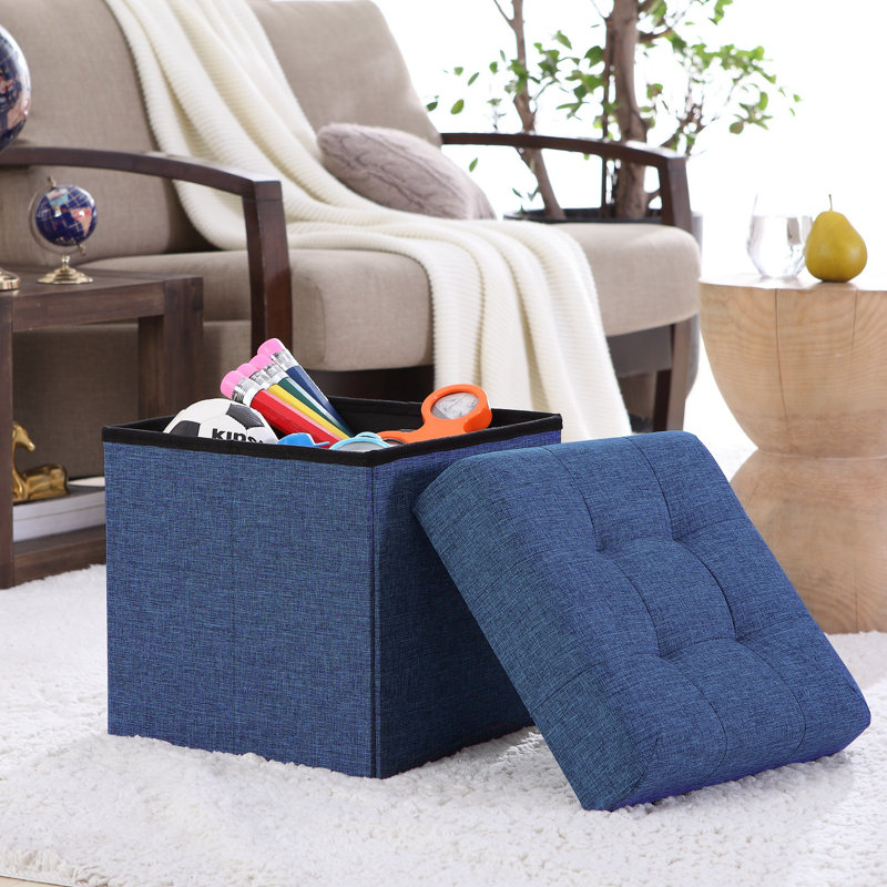 Lambertville Upholstered Ottoman, Navy Linen