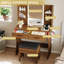 Ensemble de coiffeuse avec miroir à DEL Lacorsha, tabouret de bureau avec prise de courant, 2 tiroirs, 6 tablettes avec éclairage lumineux, 1 support pour sèche-cheveux-41053152