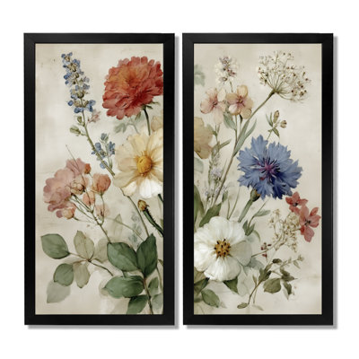 «Vintage Farmhouse Bouquet Of Wildflowers», art mural encadré, ensemble de 2 impressions sur toile florales vertes
