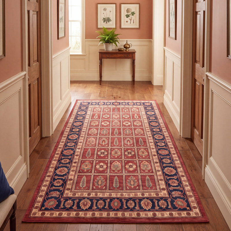 Tapis Troy traditionnel de style persan audacieux, bleu marine, orange, or, vert, crème, ivoire, lavable en machine, à poils courts, adapté à l'intérieur et à l'extérieur, pour salon, chambre, salle à manger, entrée, couloir, bureau