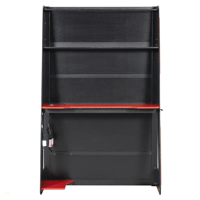 Lit mezzanine en bois avec bureau, tablettes multiples et lumière RVB, Red