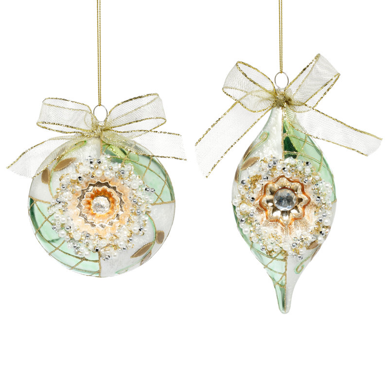 Ribboned Pearl Ornament - 5-6 Inches Set Of 6, Green/Silver