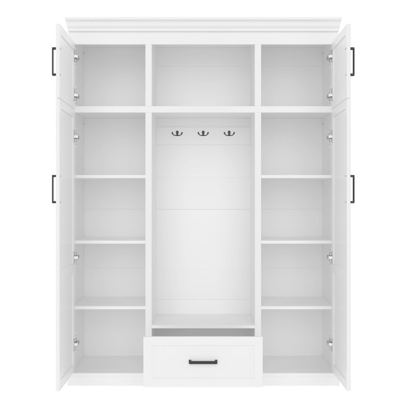 Modern Hall Tree with Bench and 3 Hooks,  Entryway Storage Organizer Cabinet with 4 Doors, 1 Drawer and Adjustable Shelves