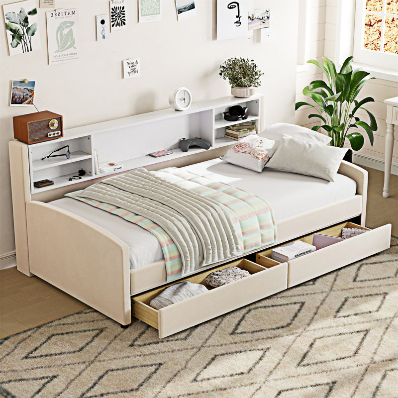 Lit plateforme simple tapissier avec rangement, Beige