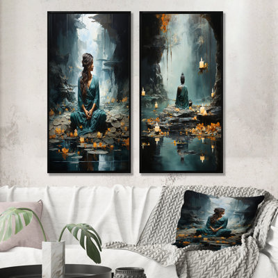 L'hindouisme yogis Tranquil Cave sarcelle - ensemble de 2 impressions sur toile de l'hindouisme
