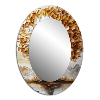 Gold And White Fauvist Basswood Tree II - Floral Oval Decorative Mirror On Metal