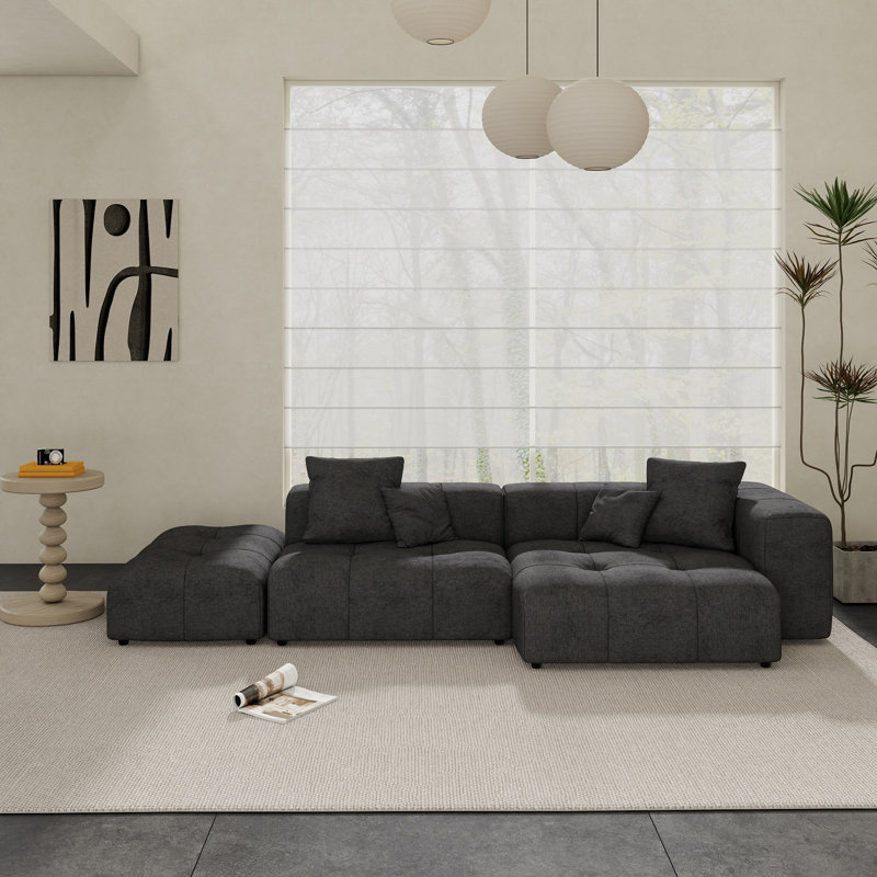 Canapé modulaire en tissu de lin avec repose-pieds 3 pièces Kay Crumley, Mélange de lin noir