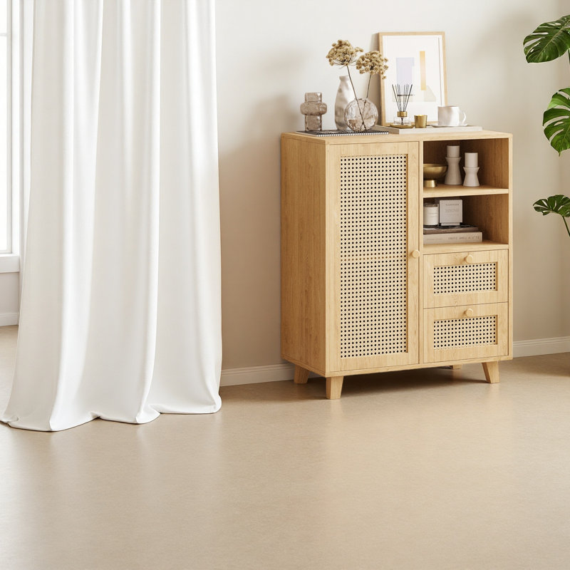 Rattan Buffet Cabinet With Adjustable Shelf, Sideboard With Drawers For Living Room, Kitchen, Entryway, Natural