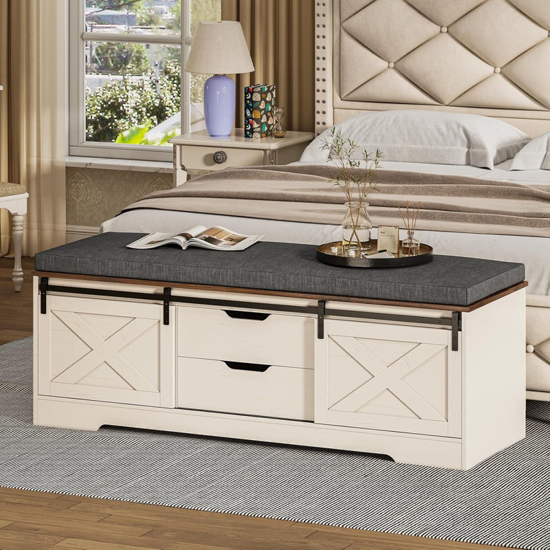 Banc de rangement 60 po avec coussin, étagère à chaussures avec portes coulissantes, tablette réglable et 2 tiroirs pour l'entrée, la chambre à coucher, le salon, le couloir, brun blanc