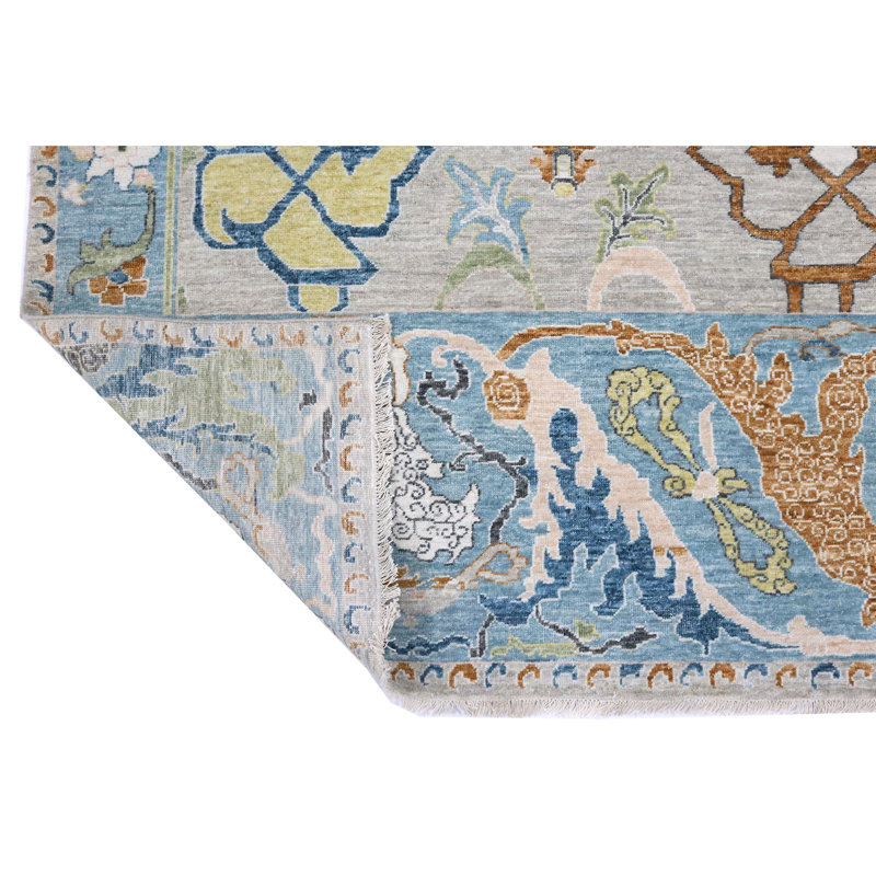 High-Quality Hand-Knotted Grey And Blue Area Rug, Rectangle 12' x 15'
