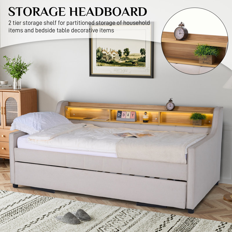 Daybed With Trundle, USB Charging Ports, Strip Lights And Storage Shelves