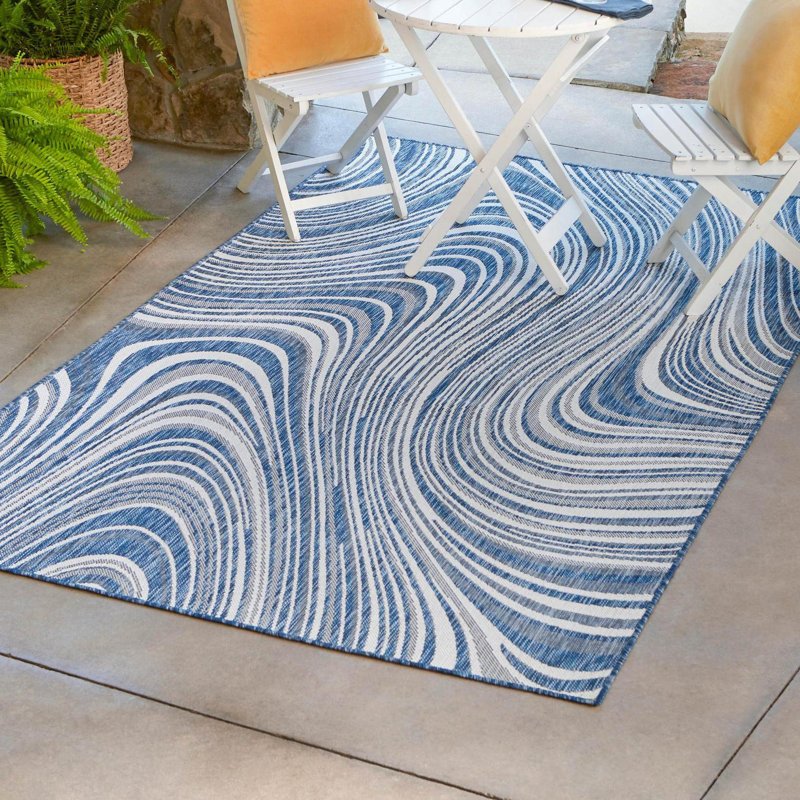 Gabija Abstract Navy Blue Indoor/Outdoor Area Rug, Rectangle 5'1" x 8'