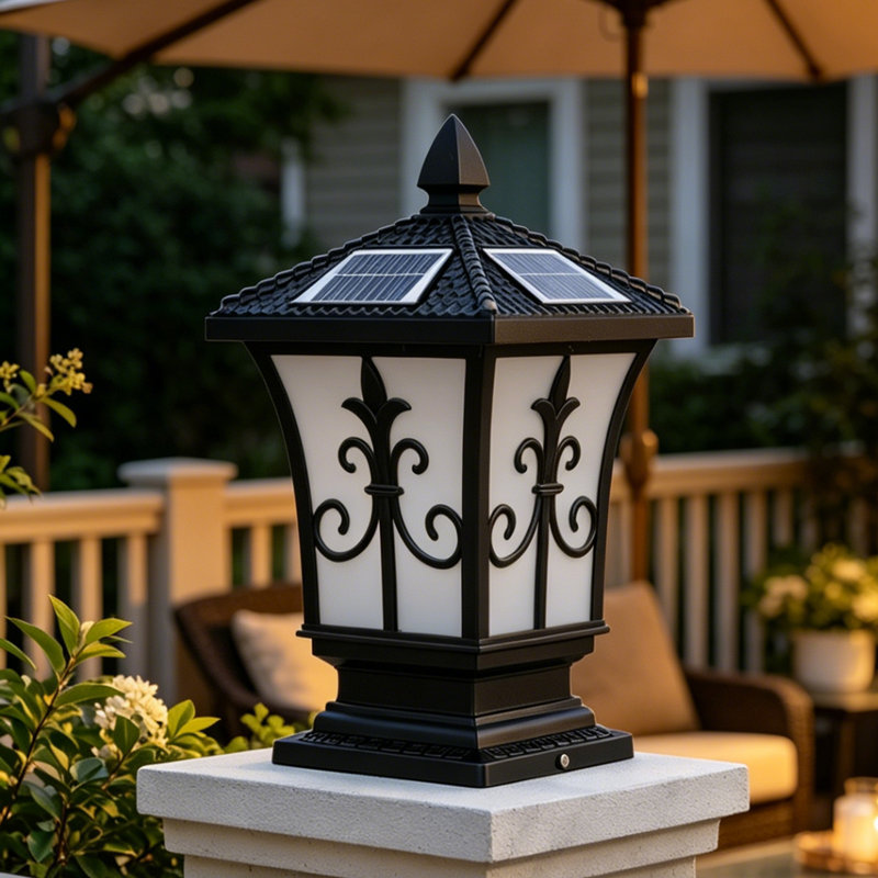 Lampadaire solaire d'extérieur avec poteau de clôture étanche et rétro avec télécommande, lumière DEL 4 couleurs