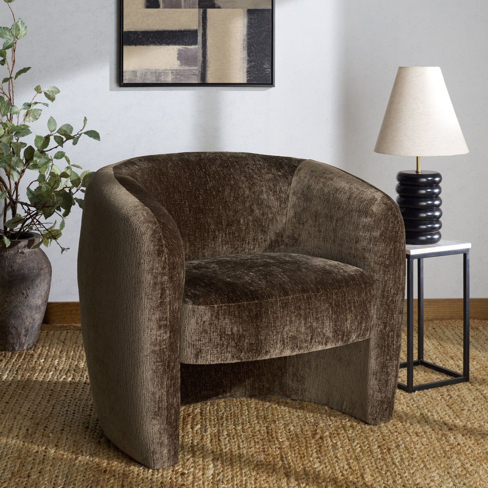 Solace Upholstered Barrel Chair, Dark Brown Chenille
