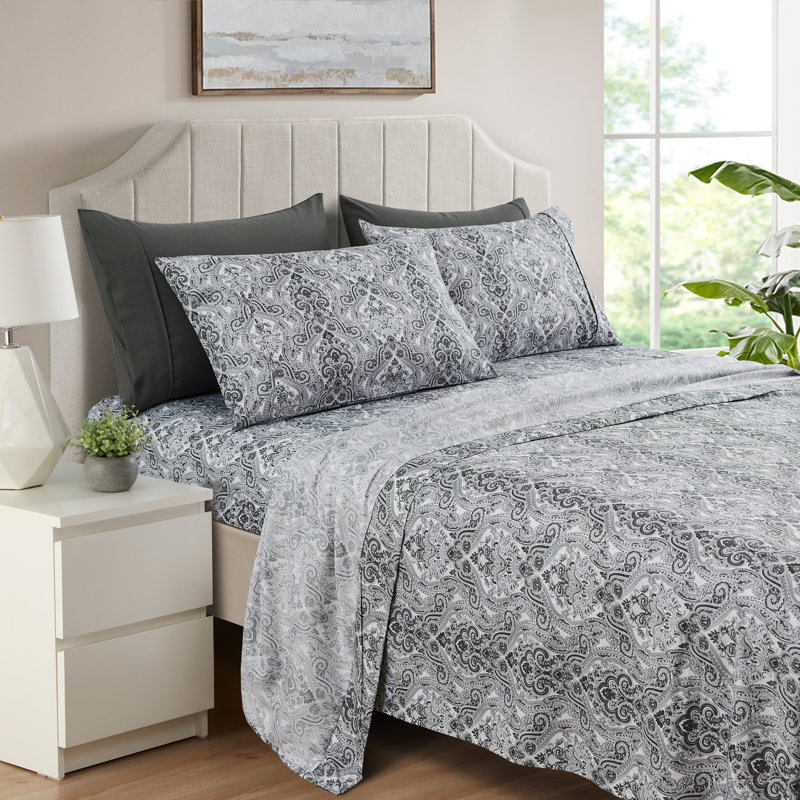 Percale Paisley Sheet Set, Full Sheet Set + 1 Fitted Sheet + 2 Pillowcases, Black