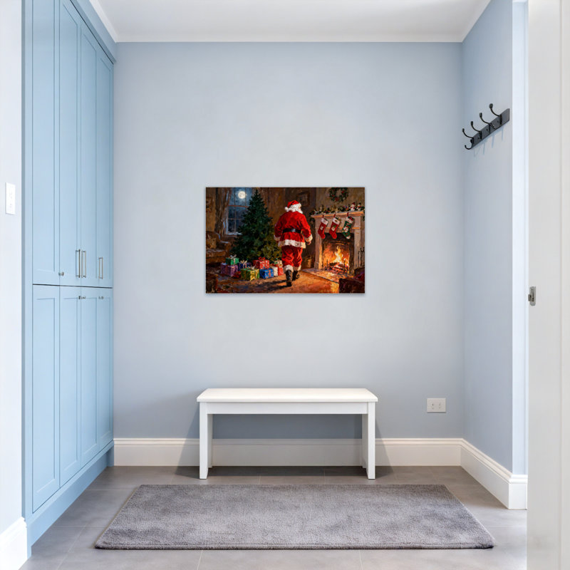 Père Noël qui entre dans une chambre de Noël douillette, H 12 po x l 18 po