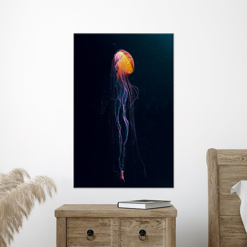 Impression sur toile moderne sous-marine: méduse vibrante, décor doré 1P, H: 114.2 x W:63.1 inches