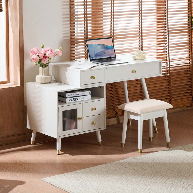 Bureau de coiffeuse avec miroir basculant éclairé et armoire réglable, Blanc