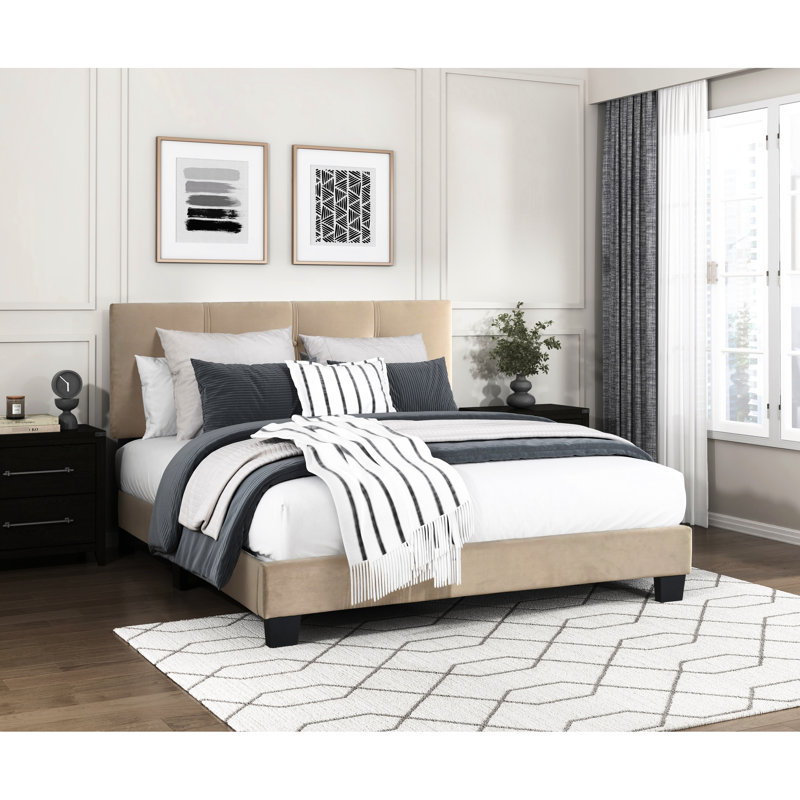 Brown Velvet Full Platform Bed With Adjustable Headboard Construction Feature In Button