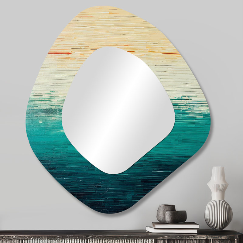 Hornell Minimalistic Essence beach  III - Minimalism Irregular Shape Decorative Mirror, Blue Asymmetrical Wall Mirror, Printed Metal Art