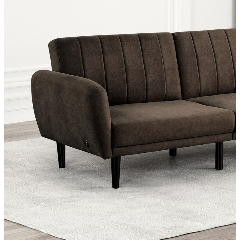 Contemporary 2 - Seat Convertible In Brown, With Fabric, Foam Seats, And Iron Back Support Brown Channeled Back, Cushions, C Charging