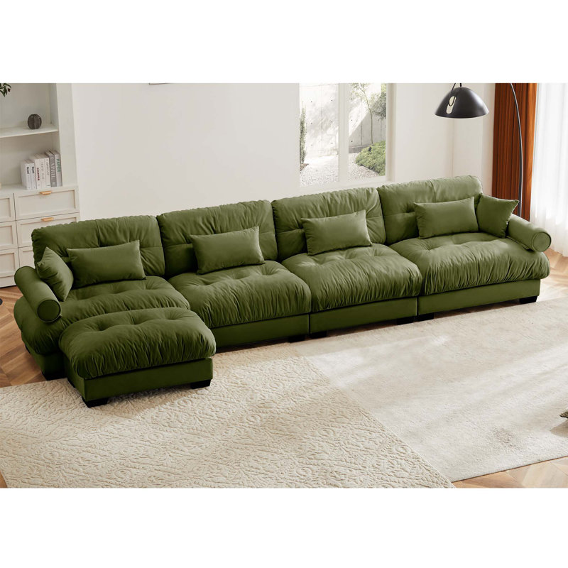 Santana Fabric Upholstered 3-Seater L-Shape Sofa, 33.4" H x 166" W x 37" D Incorrect, Olive Green Velvet