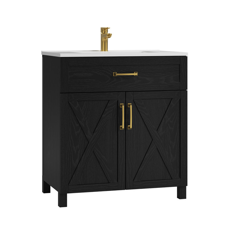 Arvie 30" Freestanding Black Oak Single Sink Bathroom Vanity With Solid Surface Composite Top