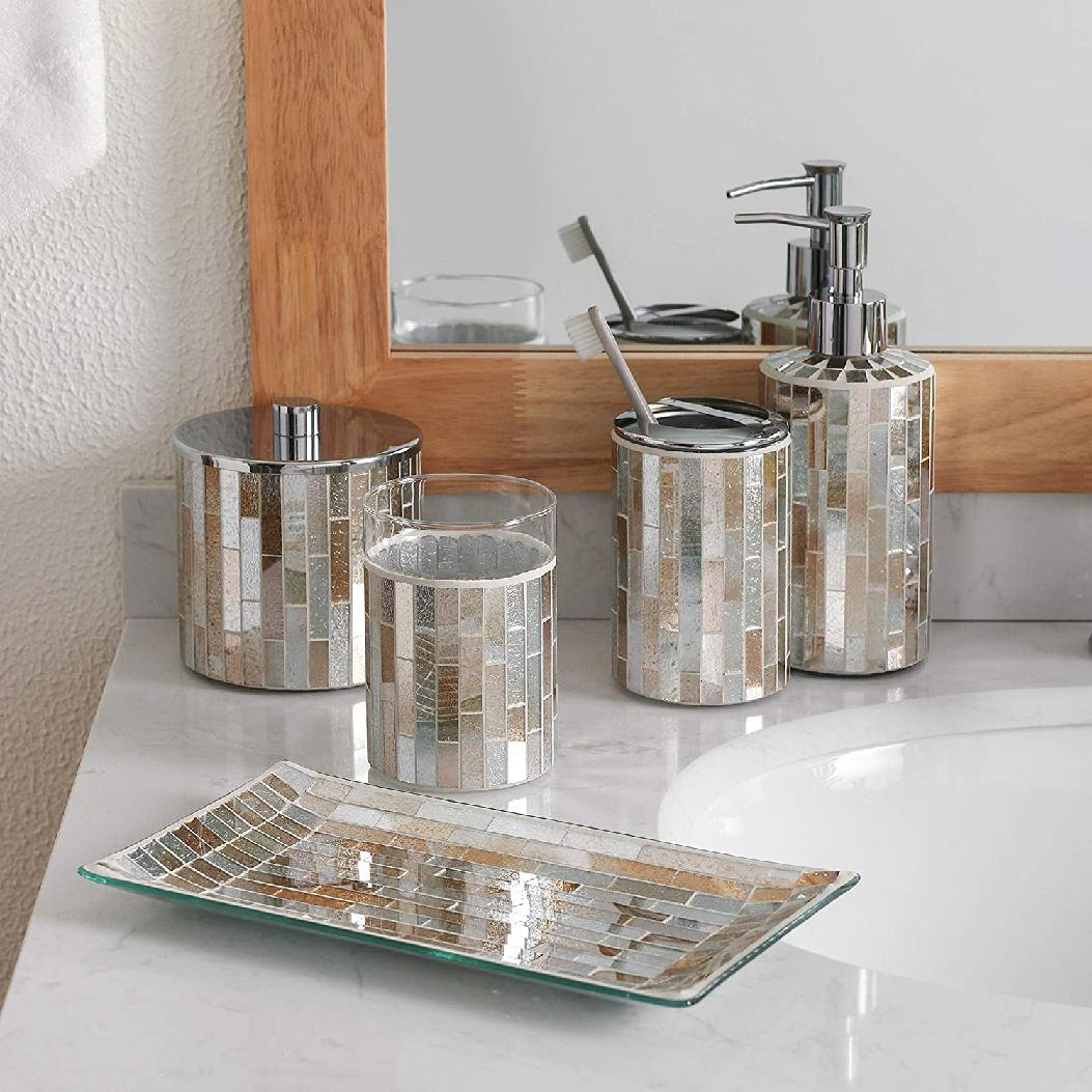 Grey Bathroom Accessories Set - 4 Piece Silver Mosaic Glass Luxury Bathroom  Gift