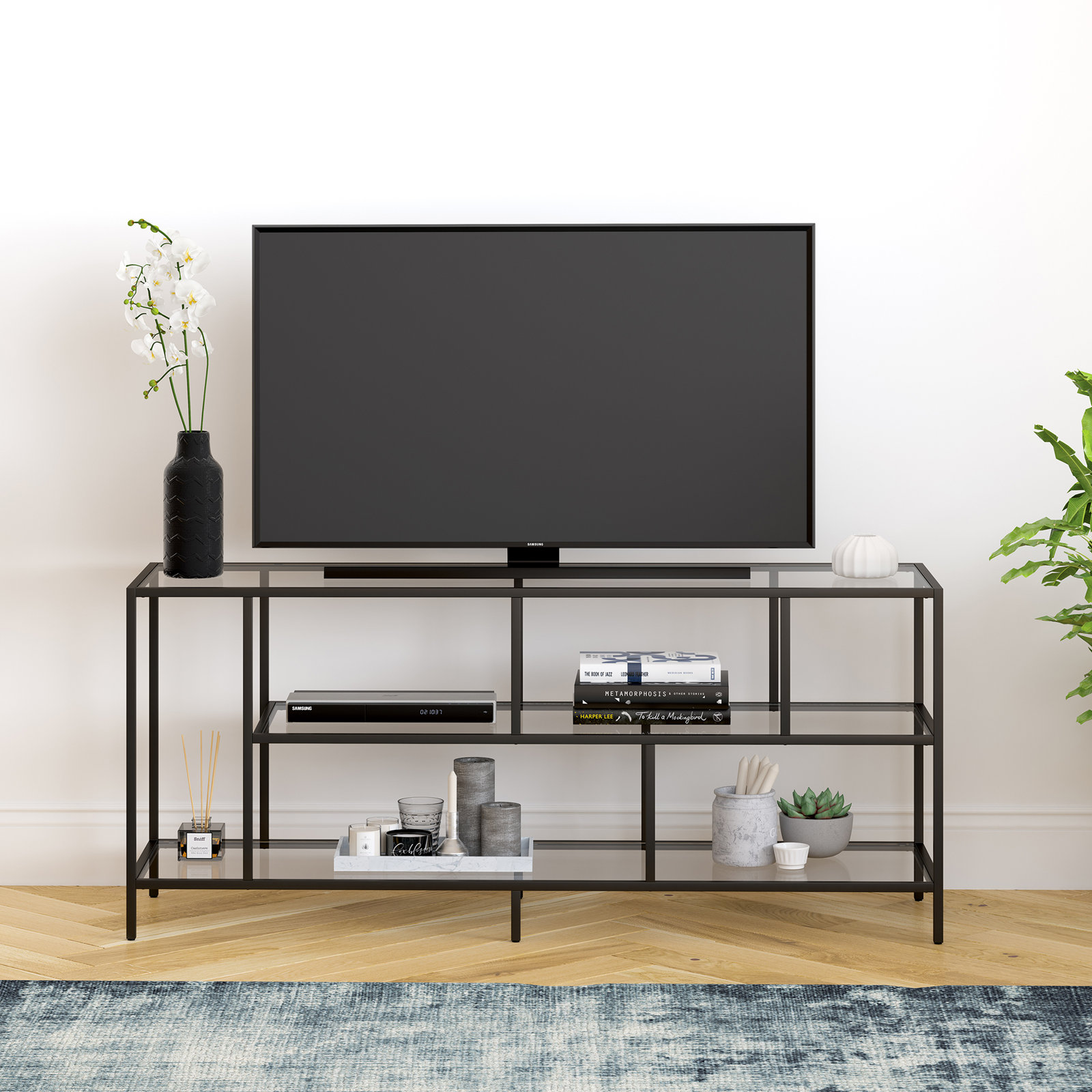 Wylan 55 " Glass TV Stand, Blackened Bronze
