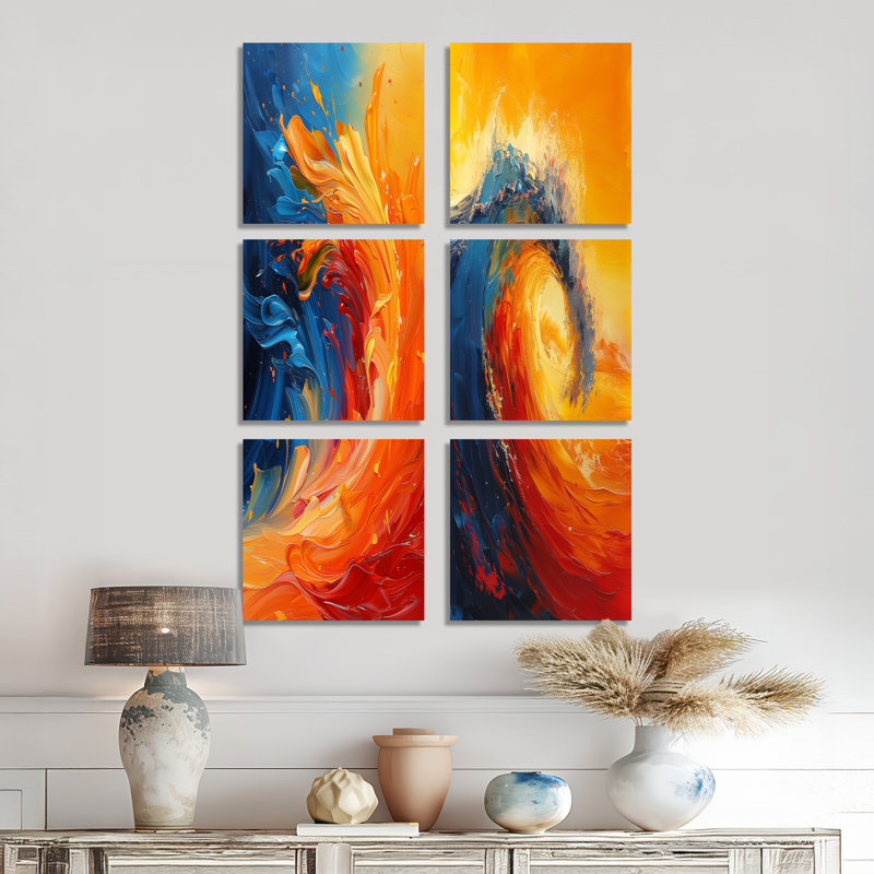 Ensemble de 6 décorations murales vagues orange et bleues - vagues côtières, Toile tendue, Ne s’applique pas