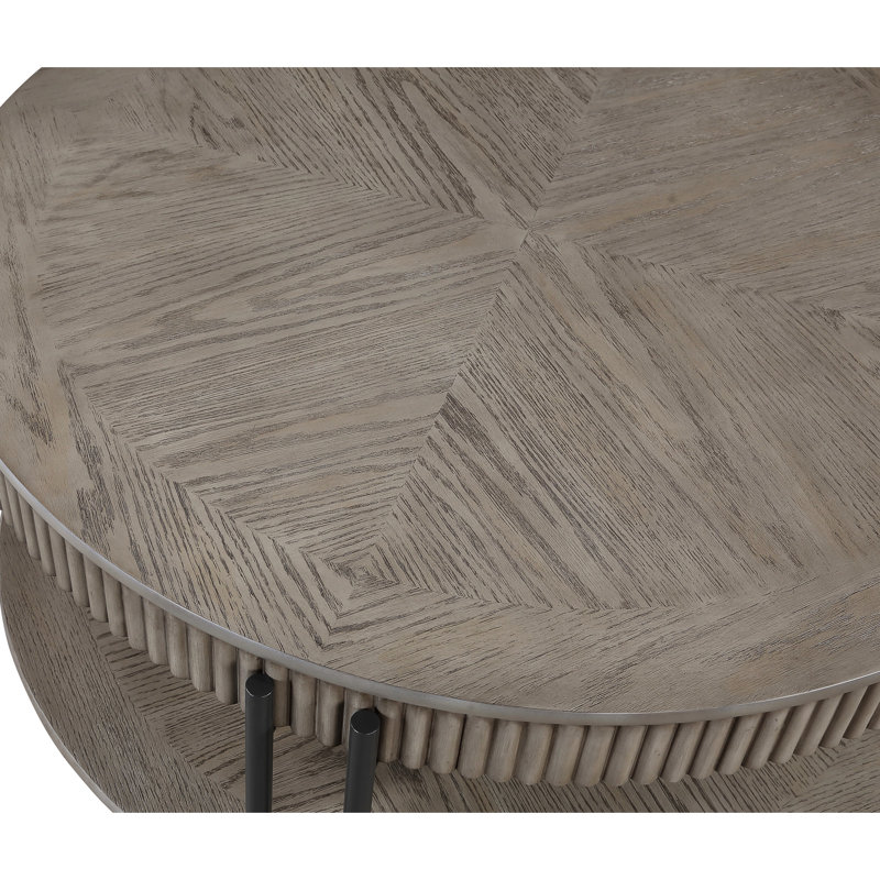 Table basse et tables de bout contemporaines 3 pièces, ronde, pieds en métal, tablette de rangement, finition brun / brun clair, salon et 2 rangements, finition pour