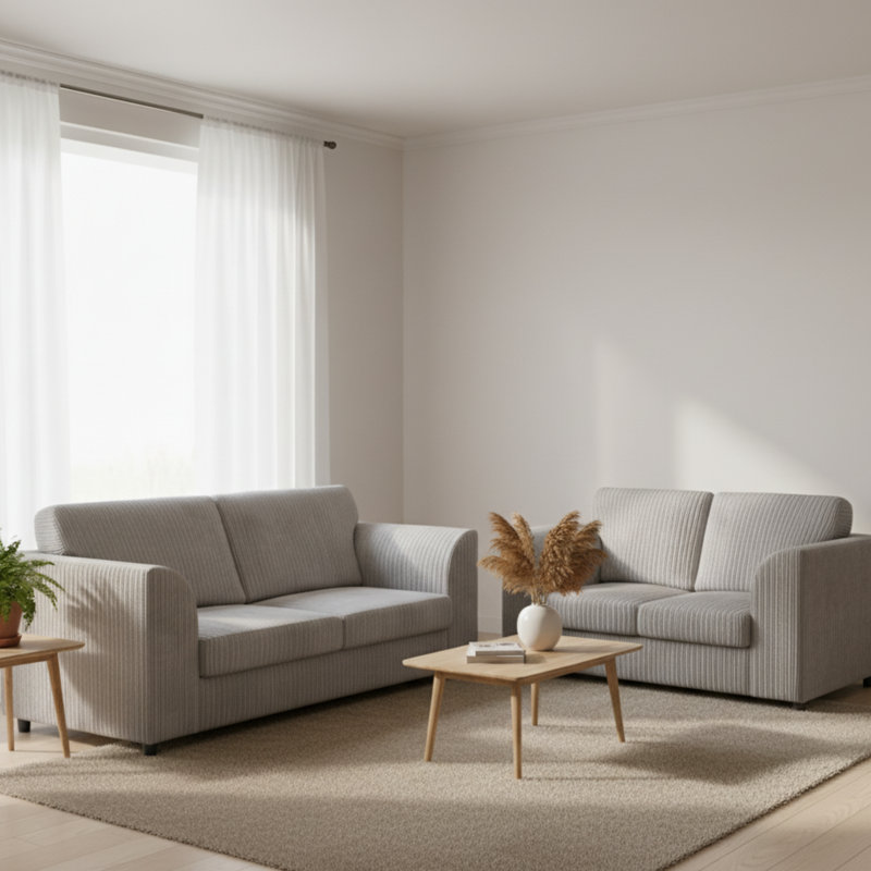 Jambo Cord 3 and 2 Seater High Back Cushion Sofa Set, Silver
