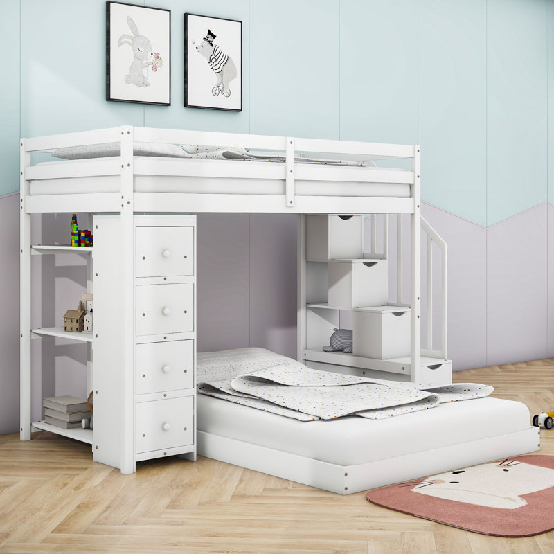 Lit superposé simple au-dessus de double en bois avec tablettes et tiroirs Jaretsi, Blanc