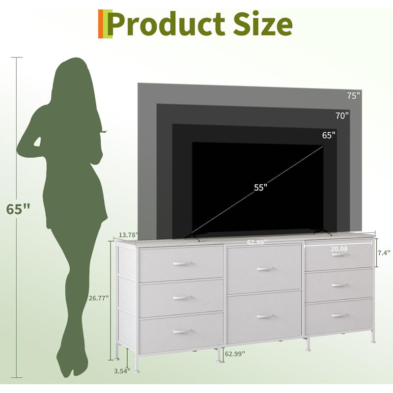 Dresser TV Stand with 8 Fabric Drawers & Solid Wood Top, Modern Storage Console for Bedroom Living Room, for 165-190.5cm TV