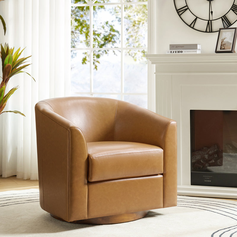 Amiir Morden Vegan Leather Swivel Barrel Chair with Solid Wood Legs (Set Of 2), Camel Faux Leather
