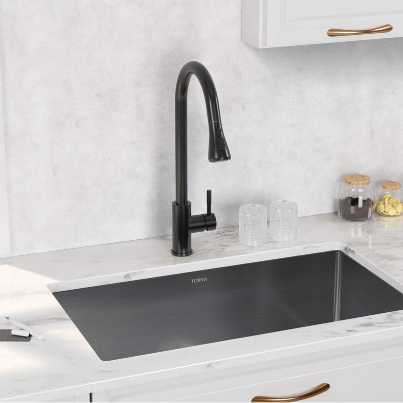 Robinets d'évier de cuisine noirs rétractables, levier à grande arche à levier unique avec pulvérisateur rétractable 3 modes, robinet noir mat en acier inoxydable
