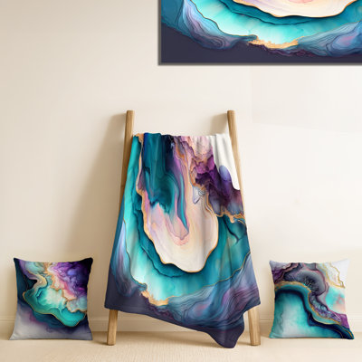 Bleu et mauve abstrait Geode I - Ensemble de jeté et de coussins en marbre abstrait