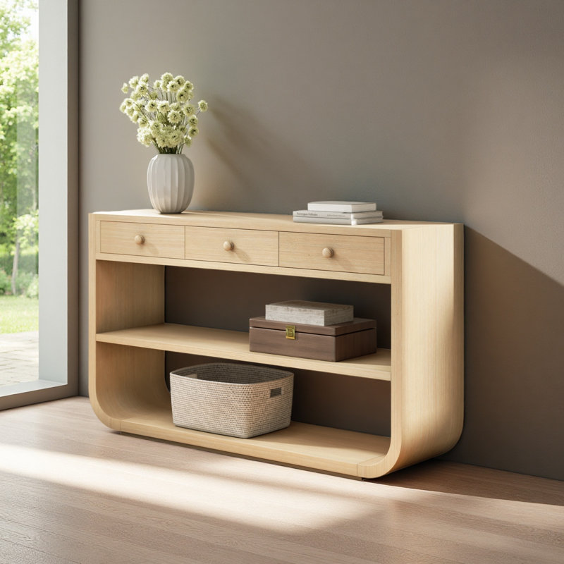 Console moderne avec 3 tiroirs à fermeture en douceur et 2 tablettes ouvertes, Naturel