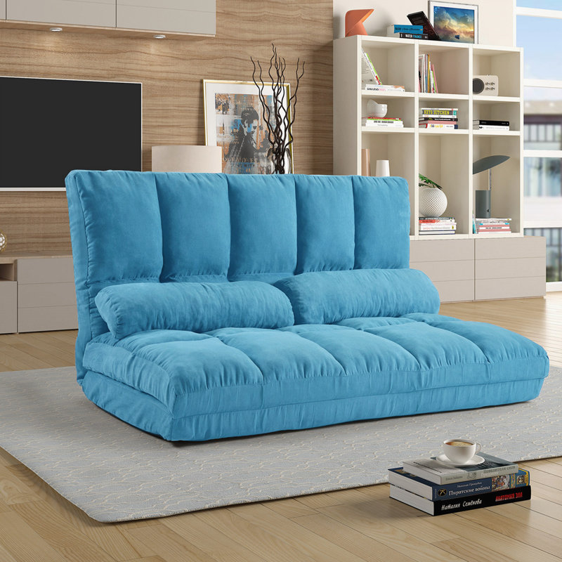 Laredo Double Chaise Lounge Sofa Reclining Floor Game Chair Floor Couch and Sofa with Two Pillows, Blue Fabric