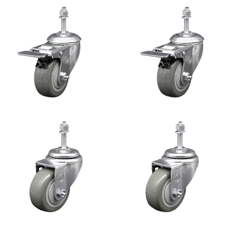 3 Inch SS Gray Polyurethane 3/8 Inch Threaded Stem Caster Set 2 Total Lock Brake