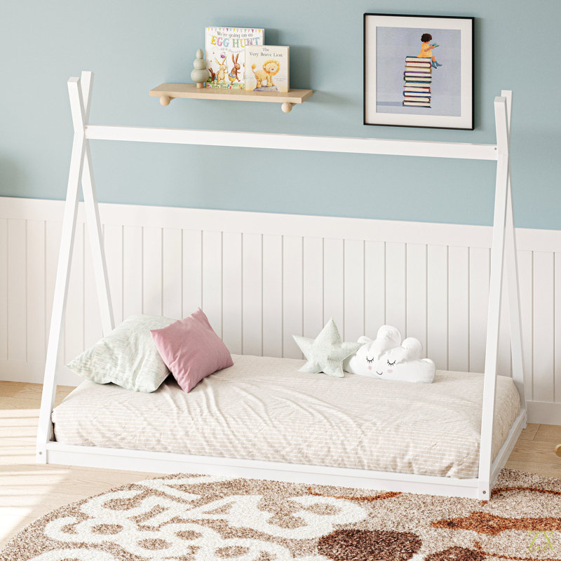 Lit simple en bois pour enfants, lit à plancher bas de style Montessori, cadre de lit en forme de maison pour garçons, adolescents, sans lattes