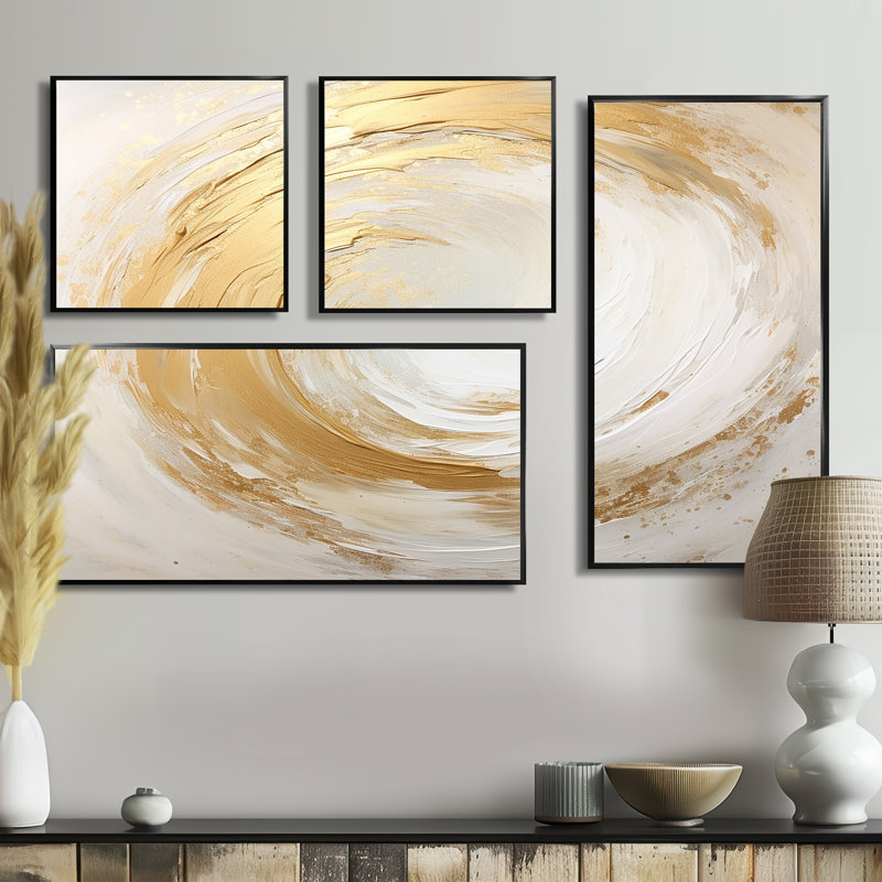 Vortex blanc doux I - art mural sur toile beige 4 pièces, Impression encadrée sans passe-partout, Noir