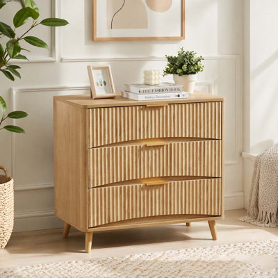 Fluted 3 Drawer Dresser, Mid-Century Modern Tall Chest of Drawers with Vertical Grooved Design, Solid Wood Storage Cabinet