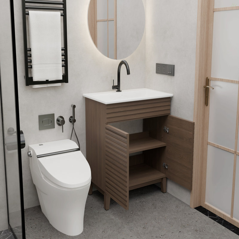 A 30-Inch Brown Bathroom Cabinet With A Slatted Horizontal Pattern Door, Paired With A White Ceramic Basin, Features A Modern Design That Is Both Waterproof And Durable